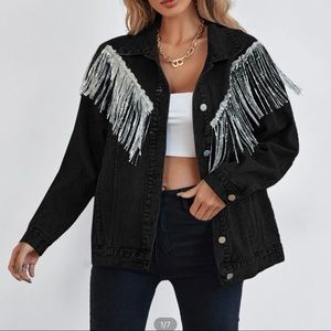 COPY - Drop shoulder sequin fringe denim black jacket